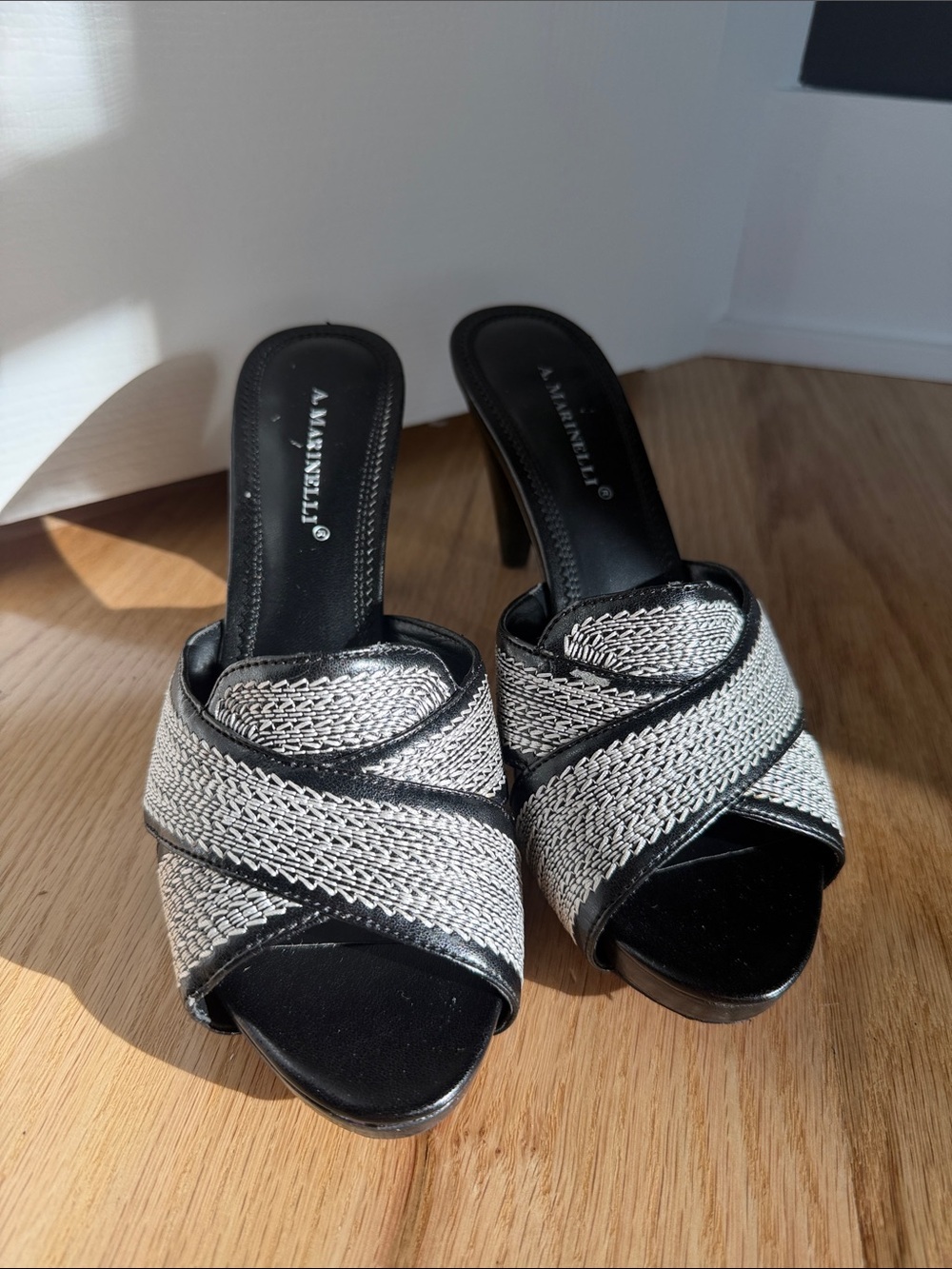 Black & Silver Woven Slide Heels